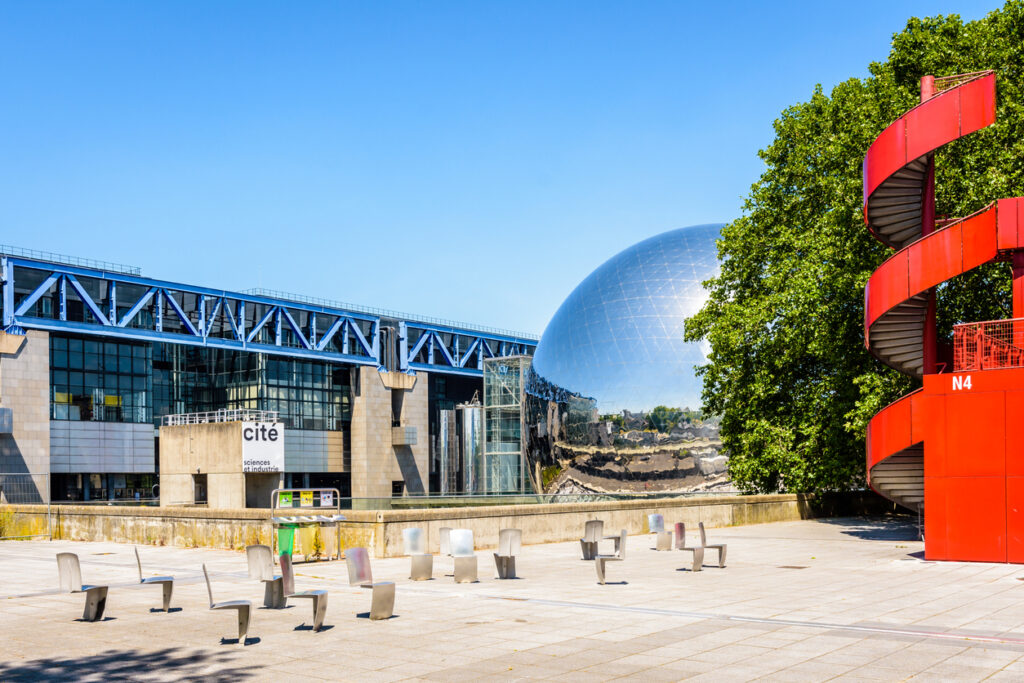 the cite des sciences et de l'industrie science museum and la geode spheric theater in paris, france.
