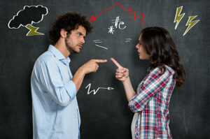 discussion between guy and girl over gray background