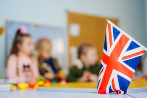 learn english. school children. education in the united kingdom. flag of great britain.